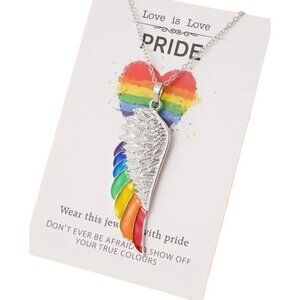 Pride Rainbow Wing Feather Silver Tone Pendant Necklace